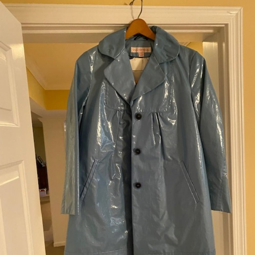 via spiga light blue patent raincoat